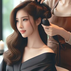 Fototapeta premium A stylist doing a woman's hair at a beauty salon, using professional tools for a glamorous look.
