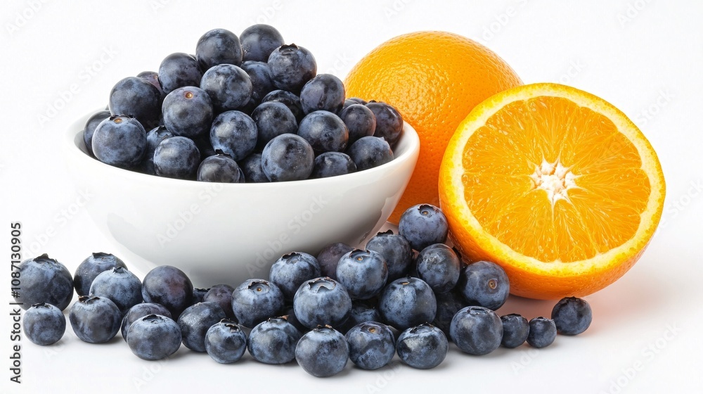 Poster Isolated on white background a bowl of mixed fresh fruits including oranges grapes and blueberries placed diagonally with side empty space for text Stockphoto style
