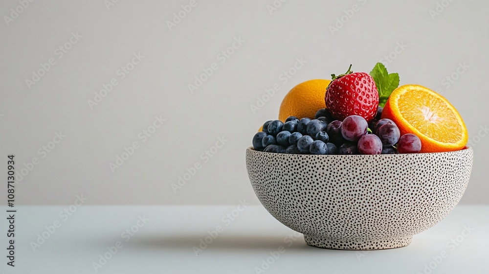 Poster Isolated on white background a bowl of mixed fresh fruits including oranges grapes and blueberries placed diagonally with side empty space for text Stockphoto style