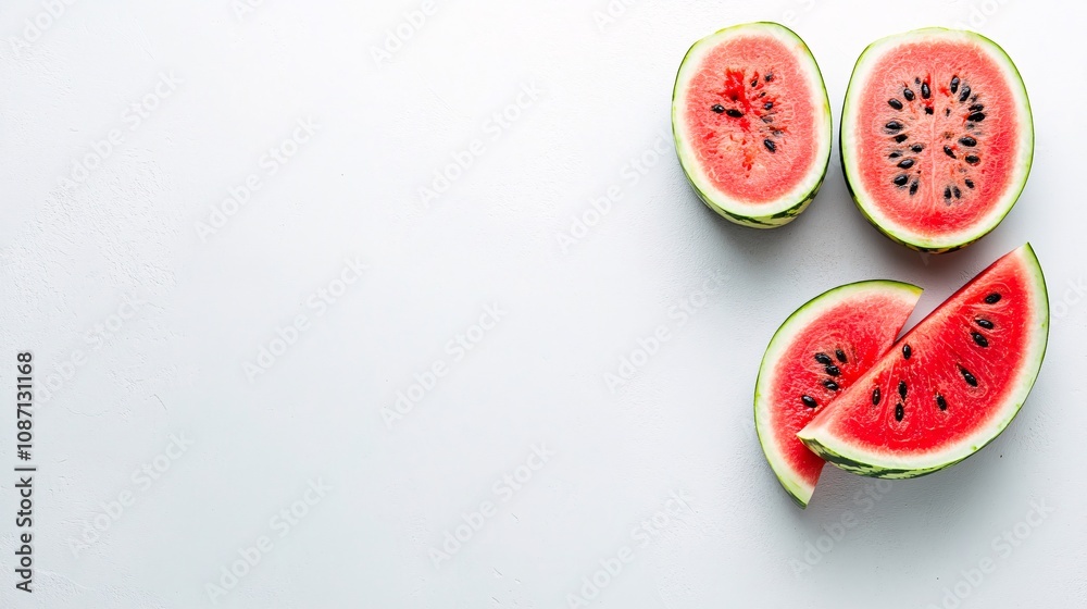 Aufkleber Isolated on white background a sliced and whole watermelon showing its vibrant red flesh and seeds with side empty space for text Stockphoto style