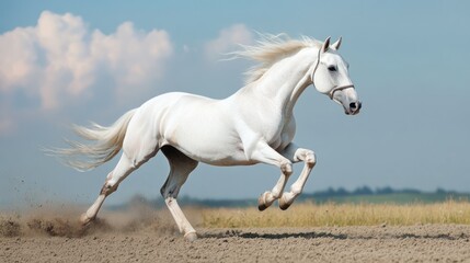 Majestic White Horse Galloping Across the Field