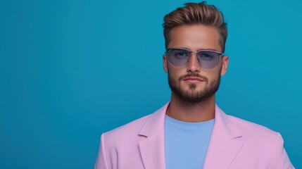 A man in a pink suit and blue shirt is wearing sunglasses