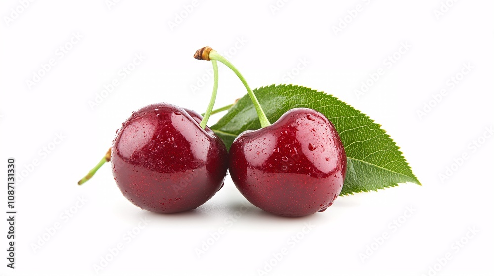 Poster isolated on white background a pair of bright red cherries with green stems crossed naturally with s