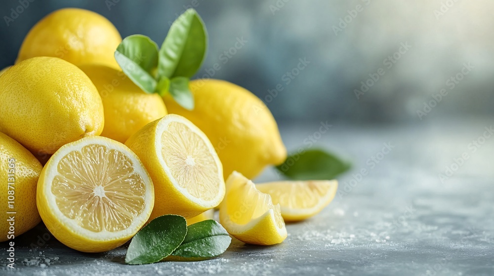Aufkleber isolated on white background a large bunch of fresh yellow lemons alongside lemon wedges arranged di