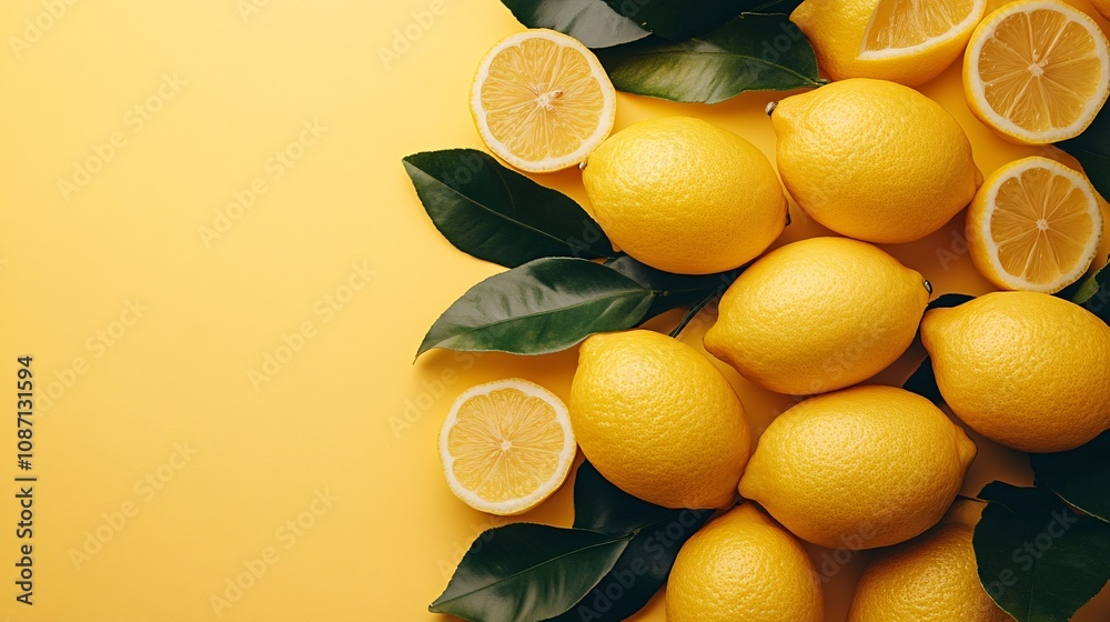 Aufkleber isolated on white background a large bunch of fresh yellow lemons alongside lemon wedges arranged di