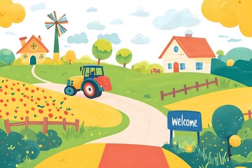 Fototapeta premium Beautiful landscape vector illustration of mountains, forests, fields and meadows. Stunning panoramic farm landscape with mountains in the background. Natural landscape