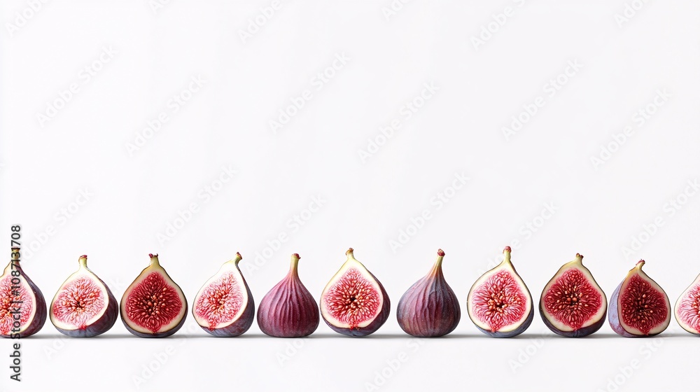 Poster isolated on white background a small pile of fresh figs some halved to reveal their rich pink interi