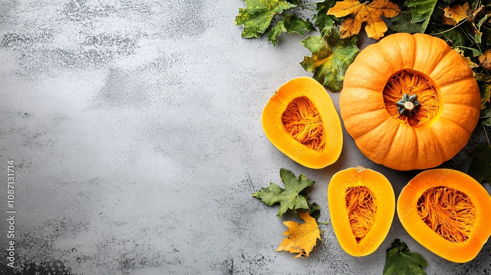 Poster isolated on white background a beautifully textured orange pumpkin paired with slices showing its vi