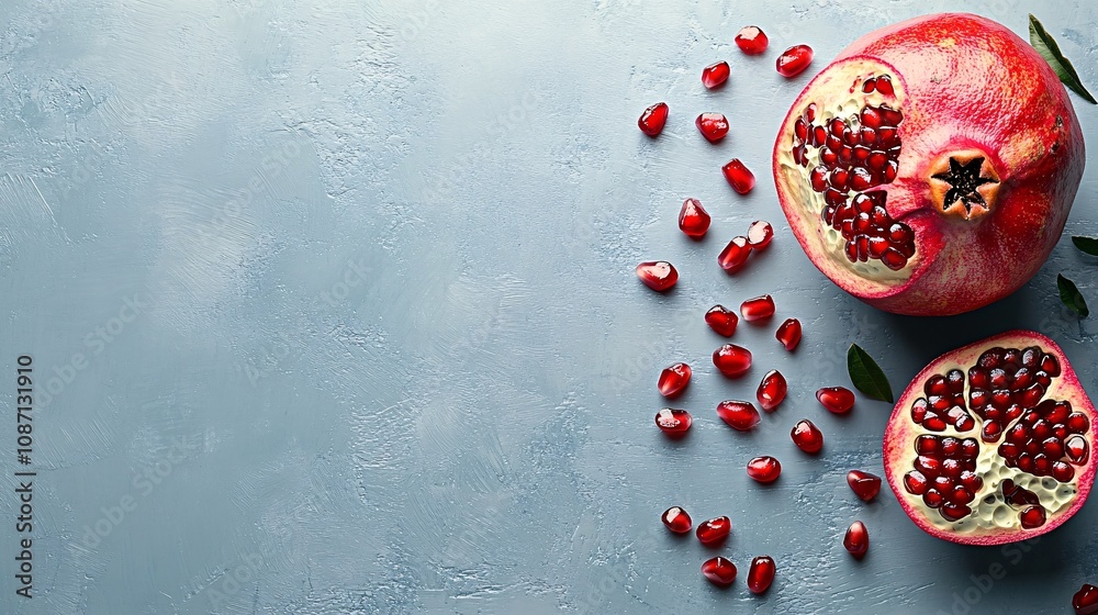Poster Isolated on white background a detailed image of whole and peeled pomegranate with its juicy red arils scattered naturally with side empty space for text Stockphoto style