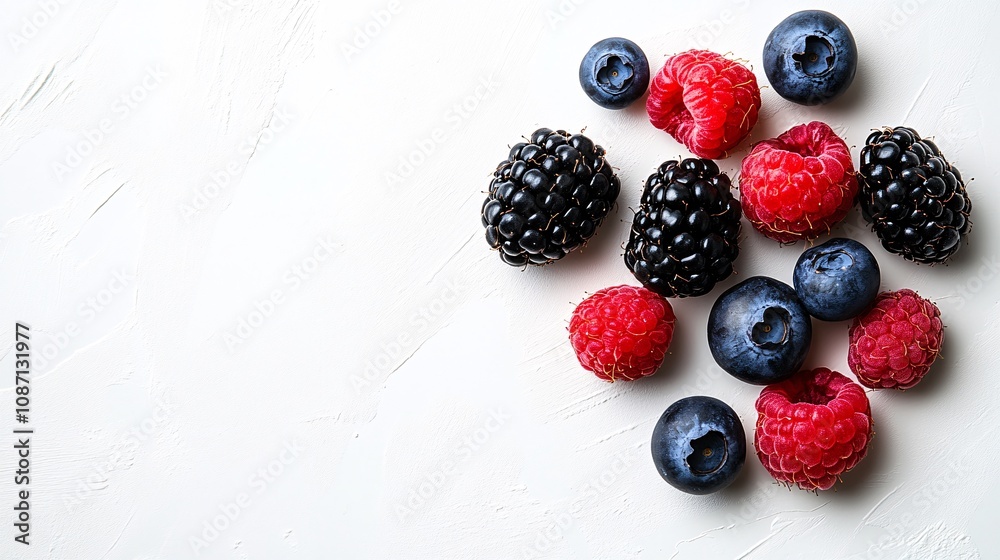 Poster isolated on white background a cluster of mixed berries including raspberries blueberries and blackb
