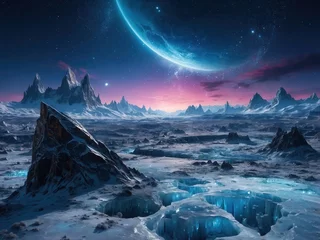 Selbstklebende Fototapeten A frozen alien planet with icy landscapes glowing under a distant star, featuring sharp crystal formations and a surreal, unearthly atmosphere © Leopard