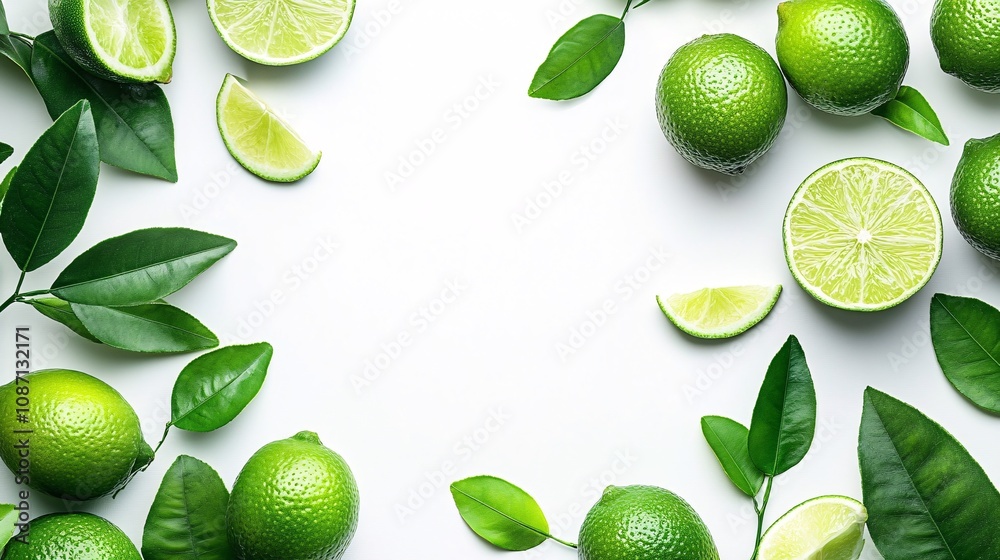 Poster Isolated on white background a simple arrangement of green limes paired with lime wedges showcasing their bright interiors with side empty space for text Stockphoto style