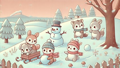 Fototapeta premium A Heartwarming Winter Scene of Five Adorable Animals Playing in the Snow