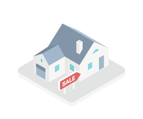 House for sale. Isometric buying a house with a mortgage and paying credit to the bank Invest money in real estate, home loans, rentals and home equity loans on white background. Isometric design. 
