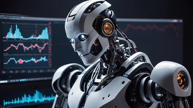 robot with artificial intelligence shows graphs and diagrams, analytics