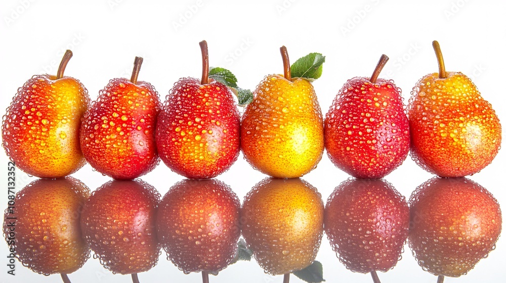 Aufkleber Isolated on white background a rustic bunch of fresh pears some with dew drops arranged symmetrically with side empty space for text Stockphoto style