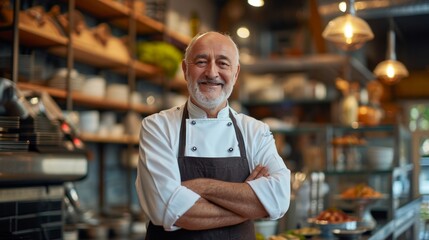 Fototapeta premium Portrait of a senior chef standing in a restauran and smiling.