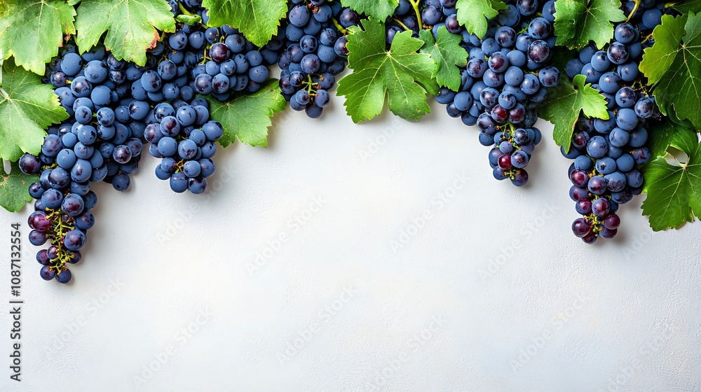 Poster isolated on white background a glossy dark purple bunch of fresh black grapes cascading down natural