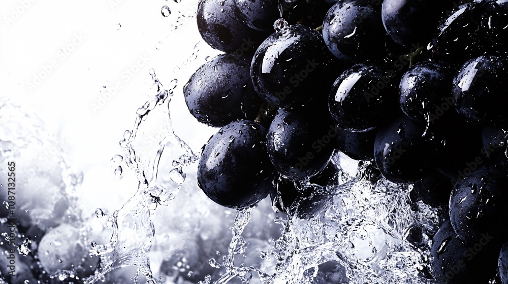 Poster isolated on white background a glossy dark purple bunch of fresh black grapes cascading down natural