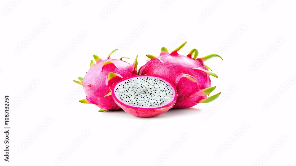 Poster isolated on white background a single large dragon fruit with its pink and green spikes paired with 