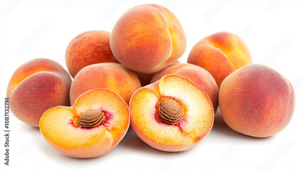Poster isolated on white background a stack of fresh juicy peaches with one sliced open showing its vibrant