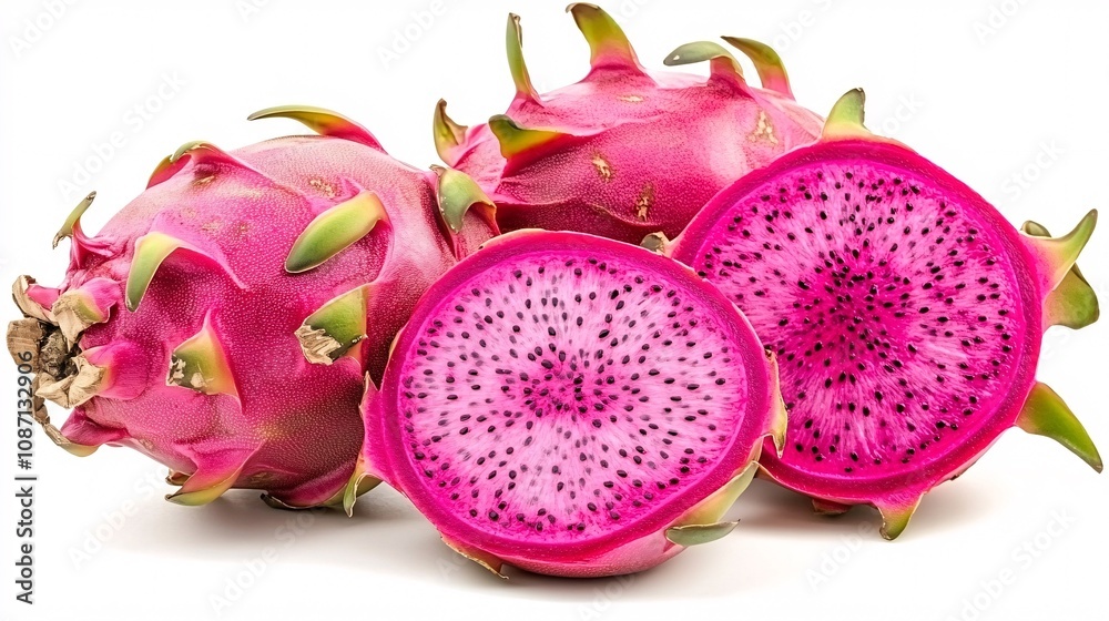 Poster isolated on white background a single large dragon fruit with its pink and green spikes paired with 