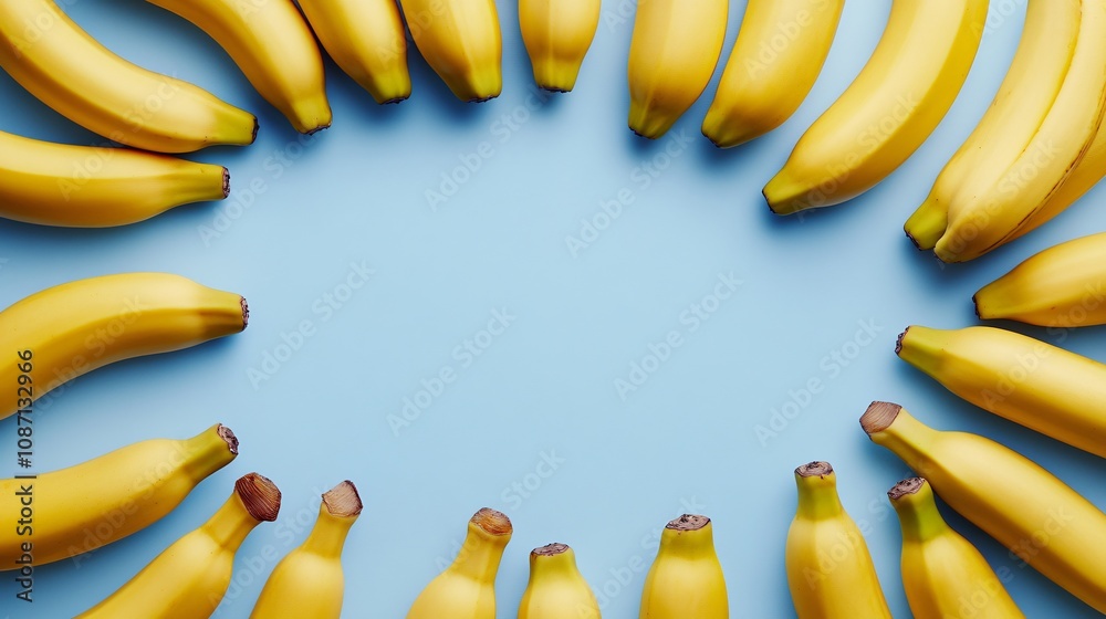 Fototapete Isolated on white background a perfect grouping of bright golden bananas with smooth skins arranged in a natural arc with side empty space for text Stockphoto style