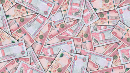 Obraz premium Illustration. Seamless pattern. Disorganized scattered paper banknotes of 100 dirhams 2018 United Arab Emirates. UAE money.Textured arabic background or wallpaper.