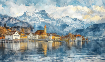 Fototapeta premium Watercolor village Weggis, lake Lucerne , Pilatus mountain and Swiss Alps in the background near famous Lucerne city, Switzerland