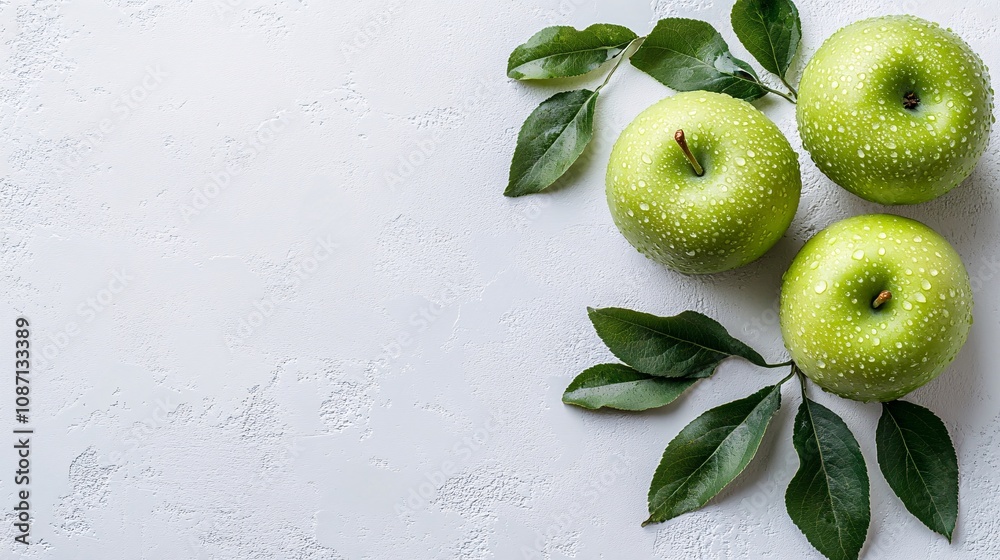 Poster isolated on white background a trio of glossy green granny smith apples some with water droplets for
