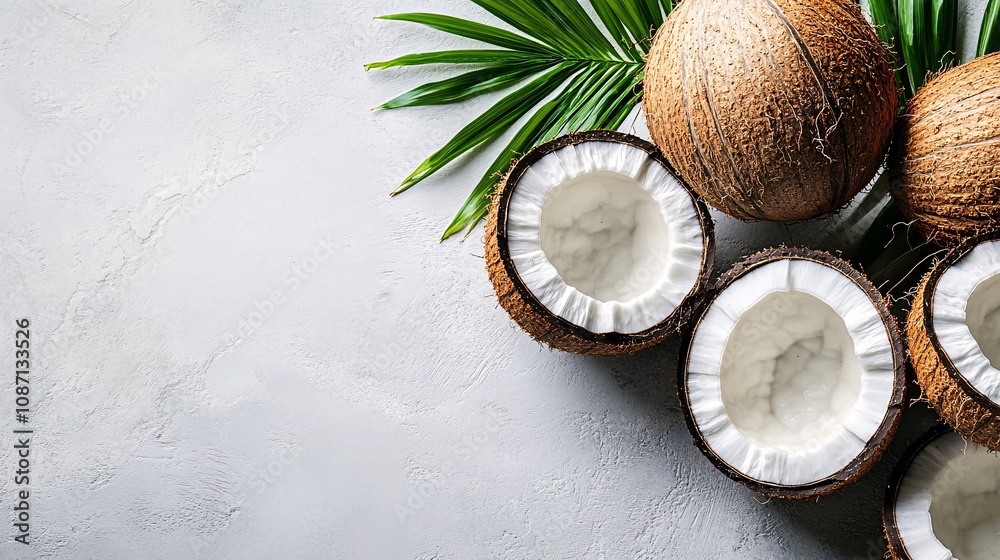 Poster isolated on white background a collection of fresh coconut halves with their white flesh visible arr
