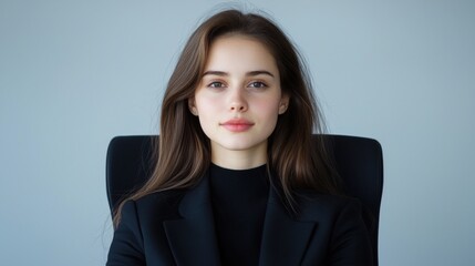 Fototapeta premium A woman is sitting in a black chair with her head tilted to the side