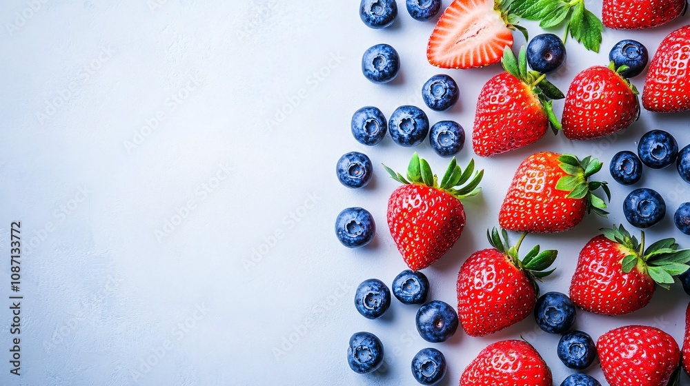 Poster Isolated on white background a neat display of fresh strawberries and blueberries spread across naturally with side empty space for text Stockphoto style