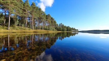 Fototapeta premium Crystal-Clear Lake Reflects Tall Pine Trees and Blue Sky in Natural Harmony