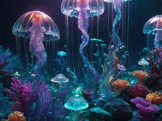 A mesmerizing mermaid kingdom beneath the sea, illuminated by glowing jellyfish, creating an enchanting, mystical underwater world