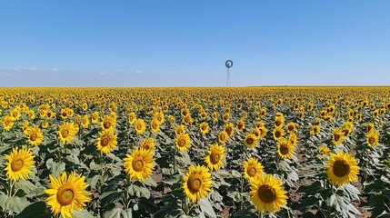 Obraz premium Vibrant Sunflower Field Under Clear Blue Sky
