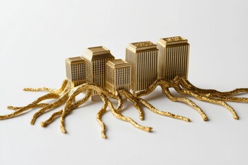 Golden buildings with roots, white isolated background.