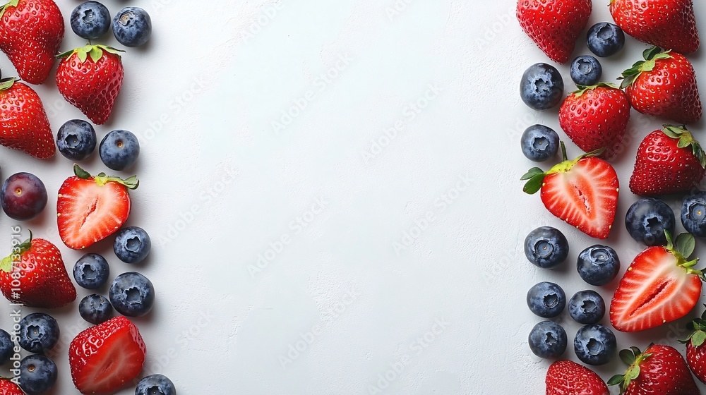 Poster Isolated on white background a neat display of fresh strawberries and blueberries spread across naturally with side empty space for text Stockphoto style