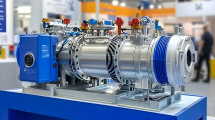 silver and blue industrial pump displayed on a blue platform, showcasing its intricate design and functionality, an industrial exhibition