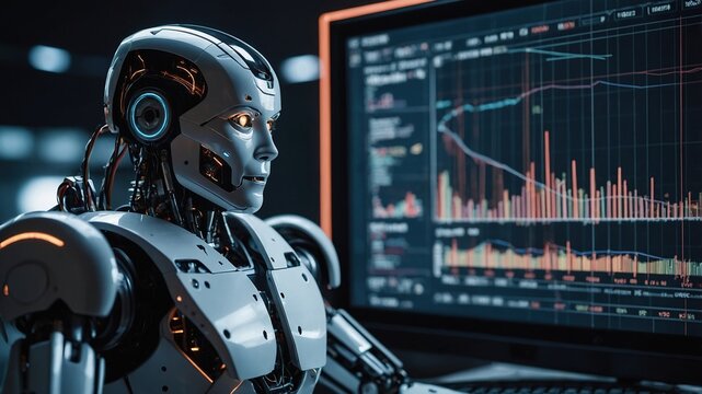 robot with artificial intelligence shows graphs and diagrams, analytics
