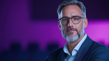 Fototapeta premium A man wearing glasses and a suit is standing in front of a purple background