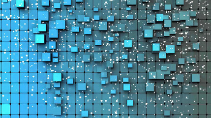 Fototapeta premium Floating blue cubes, various sizes, create a three dimensional effect above a grid background