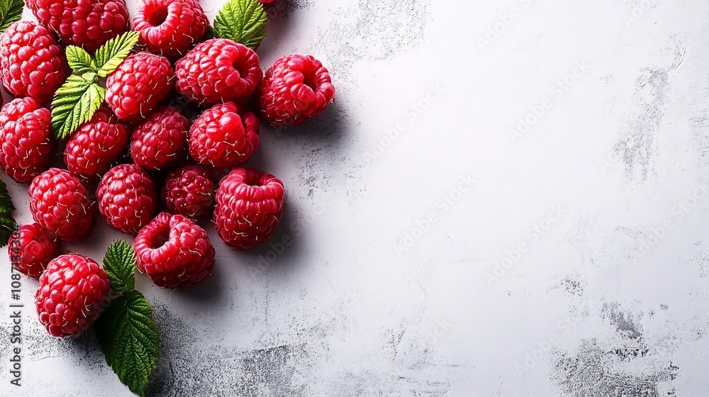 Poster isolated on white background a bunch of fresh red raspberries scattered lightly across with side emp