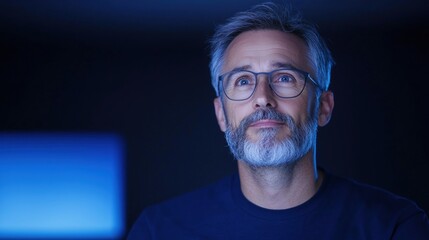 Fototapeta premium A man with glasses is staring at a computer screen