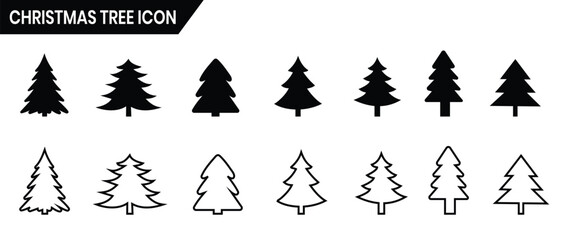 Obraz premium Christmas, Pine, tree line icon. Christmas trees icon, vector set. Set of black Christmas tree icons silhouette design. Pine tree icon, vector, silhouette set. Tree vector illustration.