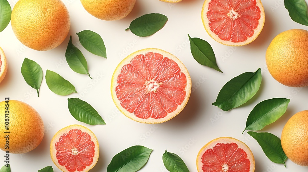 Poster isolated on white background a halved bright red grapefruit with its juicy interior surrounded by wh