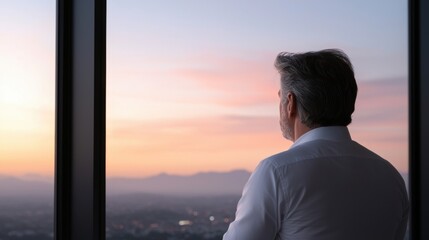 Fototapeta premium A man in a white shirt is looking out a window at a beautiful sunset