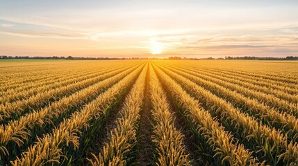 Sunset Over Golden Rice Fields, vibrant rows of ripening grain basking in warm light, leading to a breathtaking horizon with ad space available