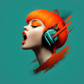 Retro pop art portrait of a woman with an open mouth fluorescent orange pixie cut exaggerated graphic eyeliner retrofitted neon tech implants and abstract brushstrokes in a neon color palette