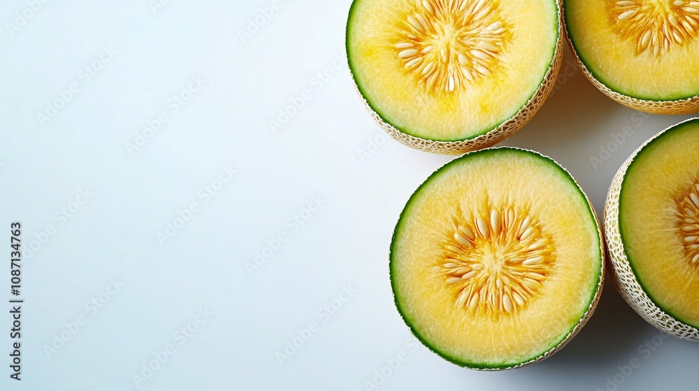 Poster Isolated on white background a minimalist presentation of fresh green and yellow melons with one halved showing the seeded interior with side empty space for text Stockphoto style